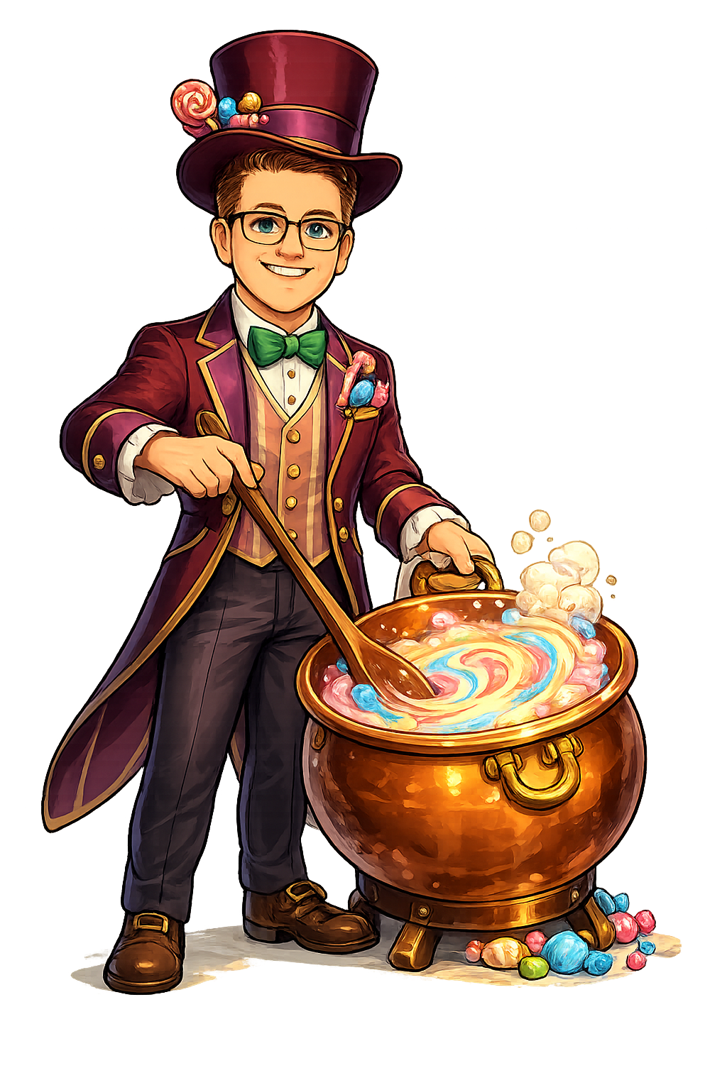 Cartoon candy maker stirring a colorful batch of candy